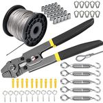 Stainless Steel Wire Rope Kit, with Crimping Tool, 100ft Vinyl Coated Aircraft Cable (1/16 Inch Overmolded to 5/64 Inch), 55Pcs Turnbuckle, Loops, Ferrule and Hooks (Gray)