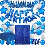 Areebz 82pc Blue Birthday Party Decorations Happy Birthday decoration banner Latex Confetti Star Heart foil Balloons tassel curtain tablecloth for Boys Man