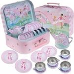 Jewelkeeper 15 Piece Girls Pretend Toy Tin Tea Set & Carrying Case - Ballerina Design