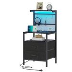 TRIFEBLE Nightstand with Charging Station, Nightstands with LED Lights, Night Stands for Bedrooms with 2 Drawers and Storage Shelves, Bedside Tables with Metal Hooks, Black