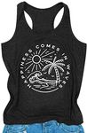 MEESHEEP Womens Beach Tank Top Summer Vacation Graphic Shirt Funny Beach Vest Happiness Comes in Waves Sleeveless Top Grey