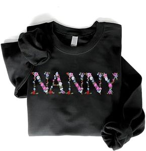 Regamor Embroidery Nanny Sweatshirts For Women Gift Sweatshirt From Grandkids Nanny Flower Grandma Gift Mothers Christmas, Black, Medium