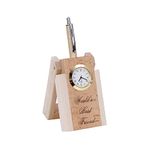 SHIVOM CRAFTS� Wooden Pen Stand with Hand Craved Analogue Clock - Printed Best for Corporate Gifts, Home and Office Table Top (World's Best Friend)