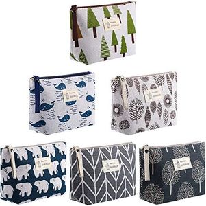 6 Pieces Canvas Cosmetic Bags Pouches for Purse with Zipper Printed Makeup Bag Multi Function Canvas Travel Pouch Organizer Pouch for Women Vacation Travel, 6 Styles (Tree Style)