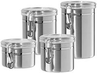 Oggi 4-Piece Stainless Steel Canister Set with Acrylic Lid and Clamp-Set Includes 1 each: 26oz, 36oz, 47oz, 62oz.