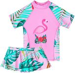 BAOHULU Girls Two Piece Swimsuits Rash Guard Ruffle Bikini Skirt Short Sleeves Beach Dress Swimwear UPF 50+ 3-12Y, Flamingopink, 9-10 Years