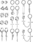 Milacolato 22Pcs Stainless Steel Magnetic Earrings for Men Women Cross Chain Pendant Earring Non-Piercing Huggie Hoop Earrings Set Clip On Earrings for Men Black Fake Earrings