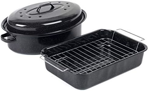 Russell Hobbs COMBO-1922 Vitreous Enamel Roaster with Rack & Self Basting Roaster Tin with Lid, Ovenware, Resistant to Staining and Colouring Roasting Tray Tin for Baking/Roasting, Black
