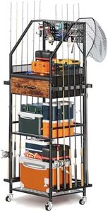 JIRTEMOT Fishing Rod Holder Organizer with Fabric Drawer & Pegboard, Space-Saving Garage Storage for 12 Rods, Reels, Tackle Boxes, Portable Fishing Gear Cart for Easy Access & Mobility