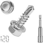 120PCS #8 x 1/2'' Sheet Metal Screws 410 Stainless Steel Hex Washer Head Fast Self Tapping Screws with Screwdriver Bit Silver