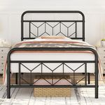 Yaheetech 3ft Single Bed Frames Vintage Sturdy Metal Platform Bed with Large Storage/Diamond Pattern Headboard/Easy Assembly/Embeded Design Bed Base, Black Single Bed