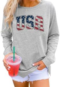 Dressmine Womens Fourth Of July Usa America Flag Long Sleeve Blouse Crewneck Sweatshirt Country Tees for Women Flower Grey Medium
