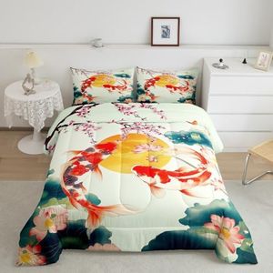 Erosebridal Japanese Koi Fish King Size Comforter Set Pink Cherry Blossoms Bedding Set for Girls, Lotus Flower Down Comforter Oriental Ink Drawn Bed Set, Vintage Watercolor Style Quilted Duvet