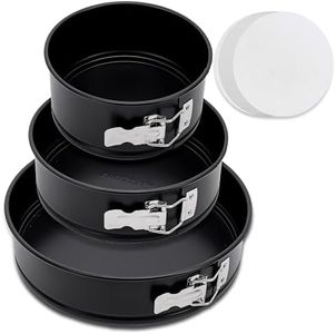 NutriChef 3 Piece Nonstick Springform Pan Set | 3 Tiered Sizes 6, 8 & 10 Inch Pans | Carbon Steel Cheesecake Pans | Stainless Steel Clasps | Oven Safe to 450 F | Includes 300 Parchment Papers | Black