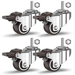 GBL Heavy Duty Swivel Casters with 4 Brakes + Bolts - 25mm M8 x 20mm Up to 40kg - Pack of 4 No Floor Marks Silent Caster for Furniture - Small Rubberized Trolley Wheels - Silver Casters