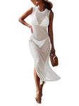 HUUSA Women's Crochet Swimsuit Cover Up Sleeveless Hollow Out Bathing Suit Coverup Sexy Backless Split Long Beach Dress, White, Medium