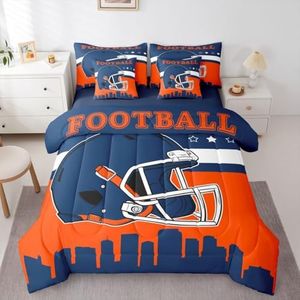 Football Themed 7 Pcs Bedding Set King Size,American Ruby Bed In A Bag With Flat and Fitted Sheet for Sport Fans Gifts,Football City With Pillowcases and Cushion Cases for Kids Men Women,Blue Grey