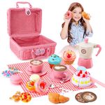 Tea Party Set for Little Girls, 30 Pcs Picnic Basket Set with Carry Case, Teapot, Tea Cup, Dessert & Table Cloth, Pretend Play Toy Gifts for Kids 4 5 6 Year Old (Pink)…