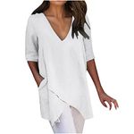 Womens 3/4 Sleeve Tunic Tops V Neck Loose Fit Asymmetrical Shirts Linen Oversized Blouses Fashion 2024 Top White