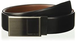 Perry Ellis Men's Portfolio Patterned Plaque 100% Leather Reversible Belt (Sizes 30-44 Inches), Black/Brown Reversible, 34