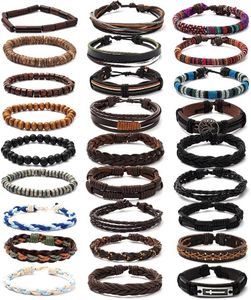 FIRAZIO 27Pcs Braided Leather Bracelets for Men Women Wrap Wood Beads Cuff Bracelet Hemp Cords Ethnic Tribal Handmade Wrap Wristband Bracelets Set Adjustable