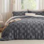 Bedsure King Size Comforter Set Dark Grey, Boho Tufted Bed Set, Checkered Farmhouse Shabby Chic Bedding, 3 Pieces, 1 Plaid Geometric Comforter and 2 Pillow Shams