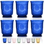 Cobalt Blue Glassware drinking glasses Set of 6, Handcrafted 8-Ounce Cups with Vintage Sunflower Pattern, Sturdy Lead-Free, Dishwasher Friendly blue drinking glasses with matching highball and goblets