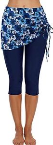 ECUPPER Womens Swim Shorts Capris Swimming Leggings Boardshorts Stretch High Waist Swimsuit Pants for Beach Surf Blue Flower US 16-18