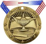 Decade Awards Academic World Class Medal, Gold - 3 Inch Wide Lamp of Knowledge First Place Medallion with Stars and Stripes American Flag V Neck Ribbon