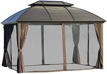 Outsunny 3.65 x 3(m) Hardtop Steel Gazebo Canopy for Patio Heavy Duty Outdoor Pavilion with Aluminium Alloy Frame, Double Roof, Net Sidewalls and Curtains, Brown