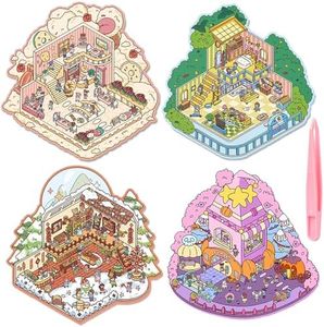 4 Sets DIY 3D House Stickers, 3D Sticker Scene Miniature Scene Stickers, Cute Cartoon Sticker Scenes for Adults Kids, Make Your Own Stickers, Fun Room Sticker Book