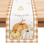 Bonhause Autumn Pumpkins Table Runners for Kitchen Dinning Table Decoration, Buffalo Plaid Fall Thanksgiving Table Runner for Indoor Outdoor Home Holiday Party Decor(33 x 183 cm)