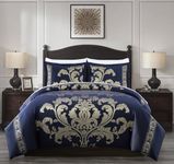 Chezmoi Collection Valor 7-Piece Bed in a Bag King, Navy/Gold Luxury Jacquard Floral Comforter with Sheets Set for All Season