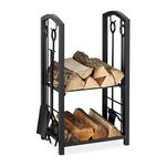 Relaxdays Firewood Rack with Cutlery 2 Shelves Steel 4 Pieces Shovel, Broom, Tongs & Hook, Black, 73 x 46 x 30 cm,10028783