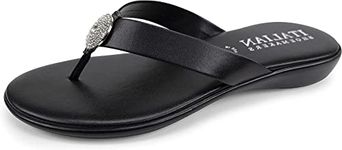 ITALIAN SHOEMAKERS Gea Low Wedge Rhinestone Ornament Dressy Thong Sandals for Women, Black, 9