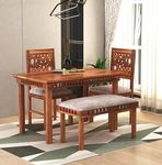 MoonWooden Solid Sheesham Wood 4 Seater Dining Table with 2 Cushioned Chair and 1 Bench 2 + 1 Square Dining Table Set for Home and Living Room Dining Table Set (Honey Finish)