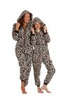 Camille Childrens Super Soft Fleece Onesie - Hooded All in One - Long Sleeved and Full Length with Elasticated Cuffs and Ankles Brown Snow Leopard Print 12-14 Years