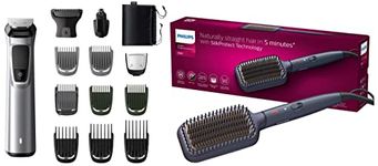 Philips Heated Straightening Brush BHH885/10 (New) 50 Watts, ThermoProtect Technology & Multi Grooming Kit MG7715/65, 13-in-1 (New Model), Face, Head & Body, All-in-one Trimmer Power adapt technology