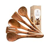 CRAFTY HEAVEN Wooden Spoon for Cooking Natural Sheesham Lakdi Chamach Handmade Kitchen Utensils Include Frying, Serving, Spatula, Chapati, Rice Spoons Nonstick Safe Gift Set of 5