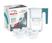 Aqua Optima Perfect Pour Water Filter Jug & 6 x 30 Day Evolve+ Filter Cartridge, 2.4 Litre Capacity, for Reduction of Microplastics, Chlorine, Limescale and Impurities, Blue