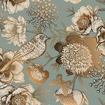 ReWallpaper Vintage Gold Floral Wallpaper Garden Bird Flower Peel and Stick Wallpaper for Bedroom Accent Wall 44.5CM X 3M Dark Cyan Teal Contact Paper for Cabinets Peel & Stick Vinyl Wall Paper