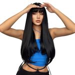 EMMOR Black Wigs Long Straight Wig With Fringe Hair for Women Synthetic Natural Black Hair Party And Cosplay Premium Soft Wig(26" Black)