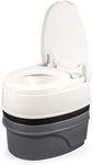 Camco Premium Portable Travel Toilet With Three Directional Flush and Swivel Dumping Elbow | Designed for Camping, RV, Boating And Other Recreational Activities - (5.3 gallon) (41545),White
