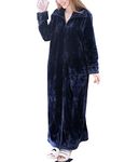 Women's Warm Fleece Long Robe for Winter Zip Front Housecoat Flannel Sleep Gown with Pockets (L, Navy)