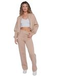 kraftd Womens Tracksuit Fleece Wide Leg Trouser & Zipper Oversized Bomber Style Sweatshirt Sets | Co-ord Set | Coordinated Outfit | Lounge Wear | 2 Pieces Suit (Beige, S/M)