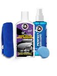 Q4 EVER Auto Care Glass Polish Hard Water Spot Remover (LIQUID) 100Gms + Foam Applicator + Microfiber Cloth + Perfect Glass Cleaner 200ml (4 Items Pack Liquid)