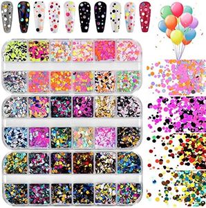 36 Color Nail Sequins, Kalolary Nail Art Flake Nail Glitter Paillette Mixed Round Thin Shining 3D Nail Art Stickers Manicure Make Up DIY Decals Decoration(3 Box/36 Grids)