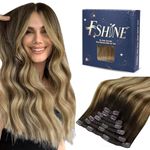 Fshine Real Hair Extensions Clip In Human Hair 18" Balayage Medium Brown With Platinum Blonde Straight Remy Human Hair Extensions for Women 120g 7 Pieces