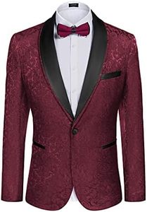 COOFANDY Men's Floral Tuxedo Suit Jacket Slim Fit Dinner Jacket Party Prom Wedding Blazer Jackets, Wine Red, Large