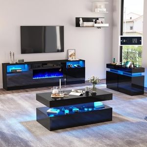AMERLIFE 4-Piece Modern High Gloss Living Room Table Set, 80" Fireplace TV Stand, 39.4" Coffee Table with 2-Tier Storage, End Table Set of 2 with Charging Station, LED Lights/Black